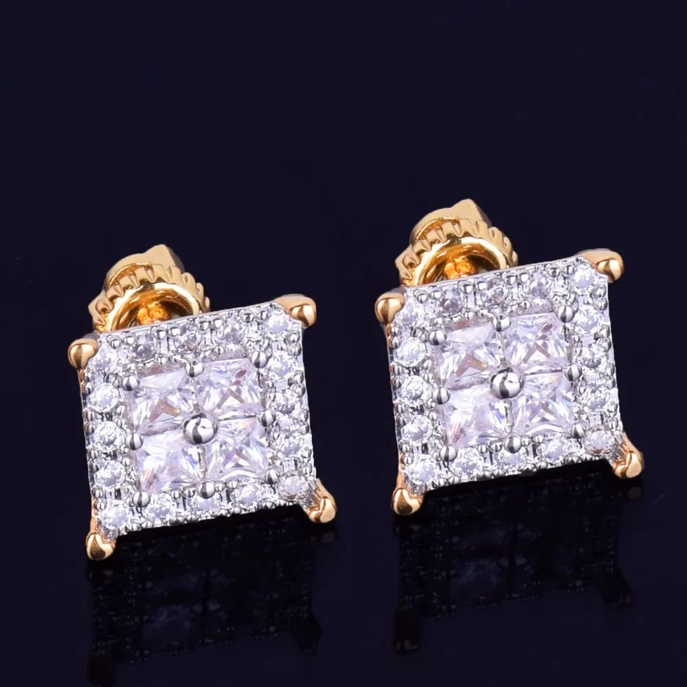 Men 12MM Square Baguette Zircon Stud Earring Silver And Gold